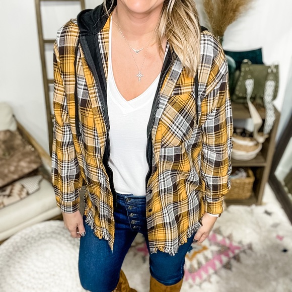 Hoodie Lined Plaid Shacket- Yellow - Picture 3 of 4